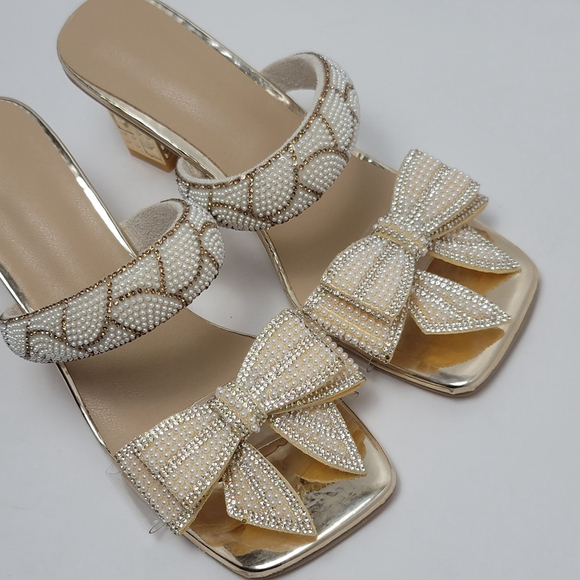 Beaded Rhinestone Bow Knot Kitten Heels Slide Mules Sandal Gold Size EU 40, US 9 - Picture 3 of 13